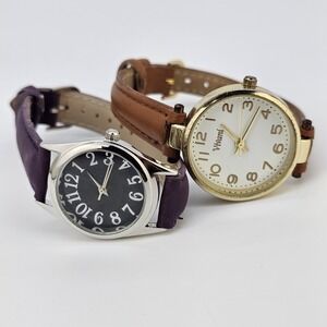 2X Women's Watches Black Cream Dial Purple Brown Faux Leather Bands New Battery
